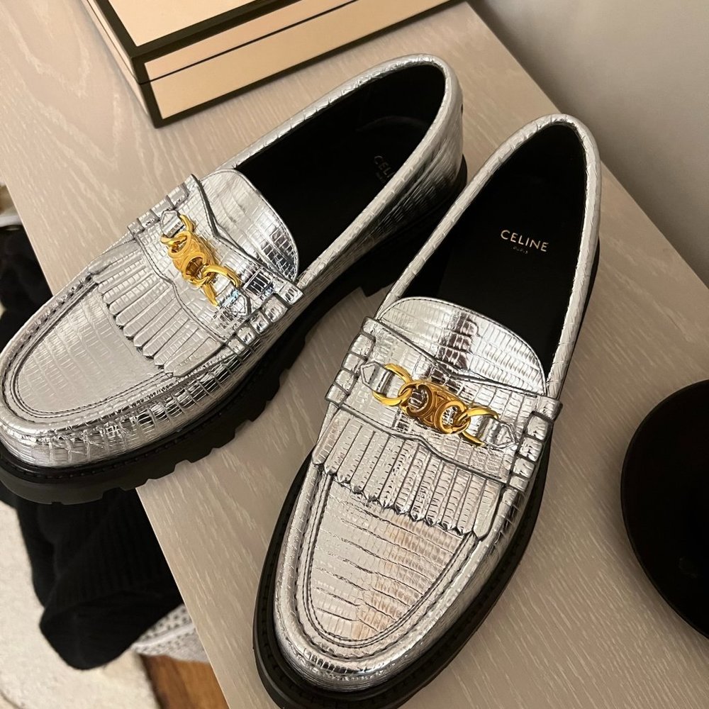 Celine Margaret Triomphe loafer in Silver, size 40.5